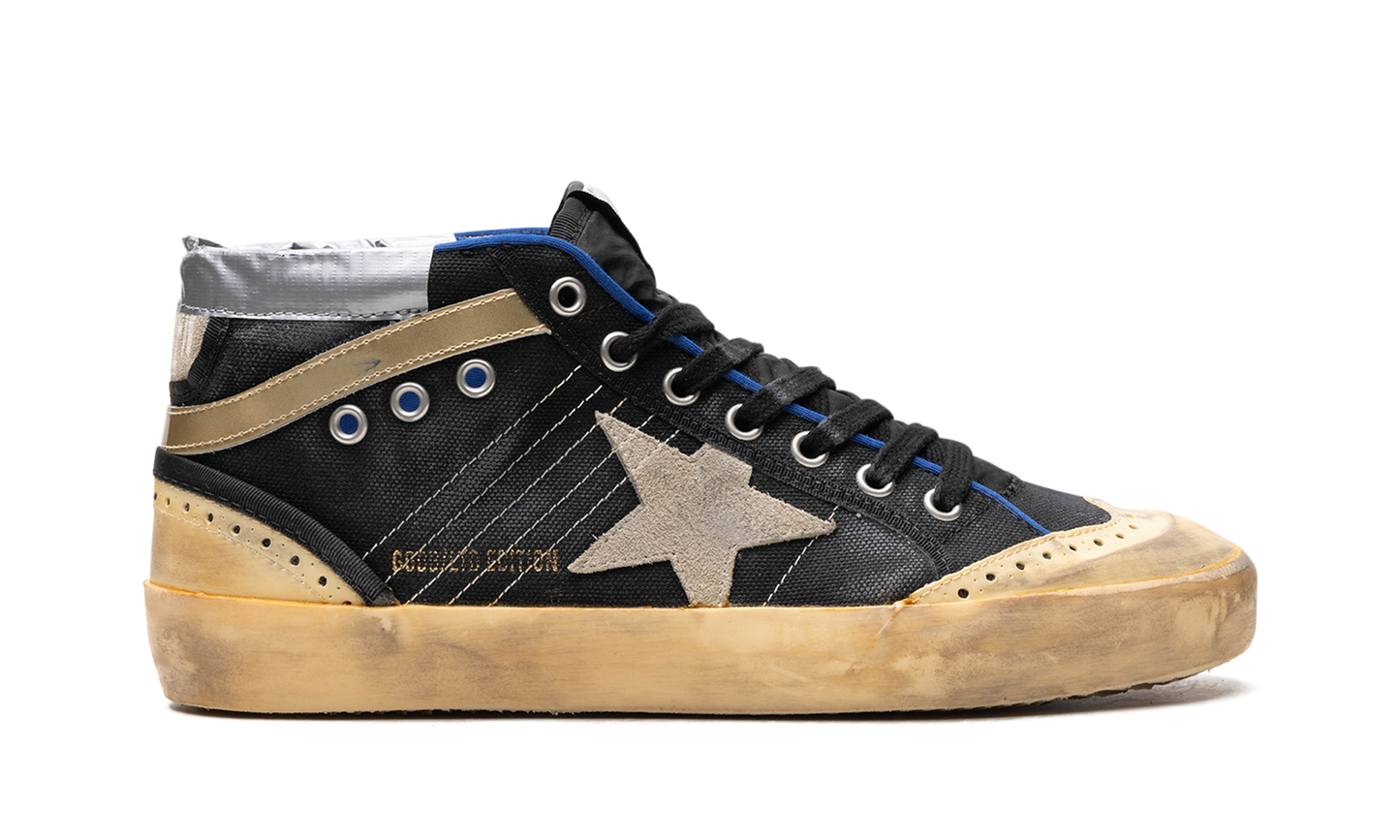 MID STAR CANVAS UPPER SUEDE STAR AND HEEL NYLON TONGUE RUBBER TOE AND SPUR "BLACK ICE VANILLA GOLD"